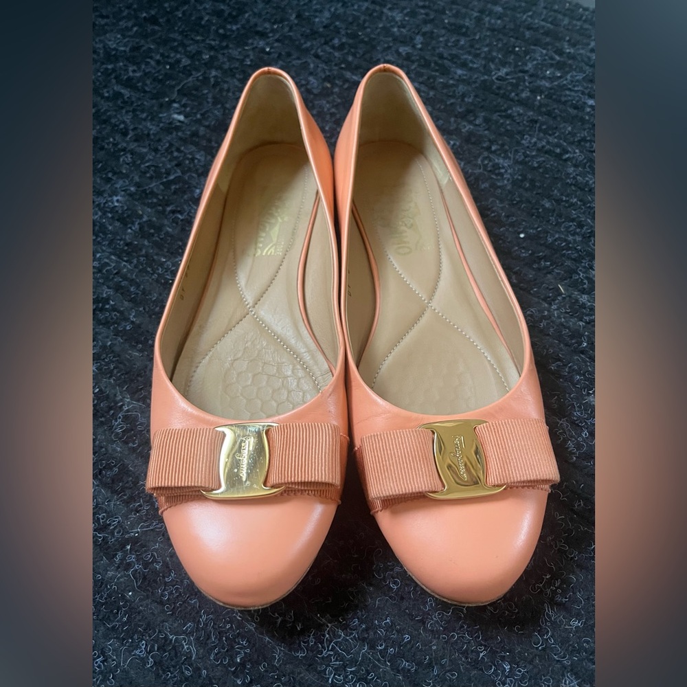 Salvatore Ferragamo Peach Flats with Gold Buckle